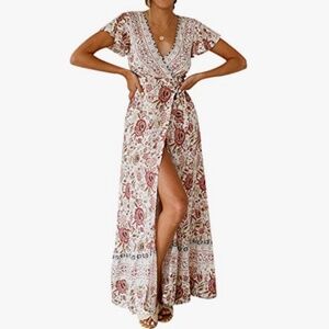NWT Small Boho Maxi Wrap Dress Floral Beach Country Short Sleeve Ruffle Coastal